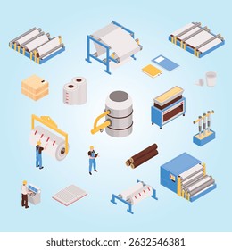 Máquina de processo automatizada de fabricação de papel conjunto isométrico com folha de secagem de prensagem de polpa formando embalagem isolada vetor ilustração operador trabalhando hardware montagem corte coleção