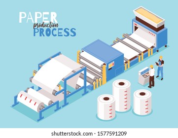 Paper Manufacturing From Woods Pulp Automated Operator Controlled Process Drying Sheet Forming Machinery Isometric Composition Vector Illustration 