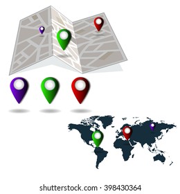 paper map of the area with the location of the marks and the ground on a white  background