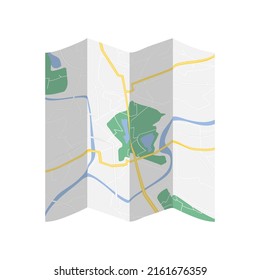 Paper map of the city. A city with a river, roads, parks and houses. Several times folded paper map. Vector illustration isolated.