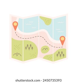 Paper map, expedition adventure and journey. Route and locations marked with pin on paper map. GPS navigator with pointer on place of destination and path. Vector illustration in flat style