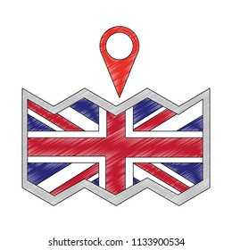 paper map with flag of great britain and pin location icon