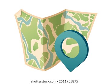 Paper map with giant pointer, GPS navigator. Geography distance plan. Navigation concept. Isolated vector illustration on white background
