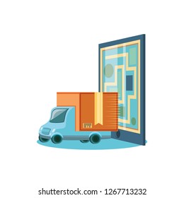 paper map guide with delivery truck