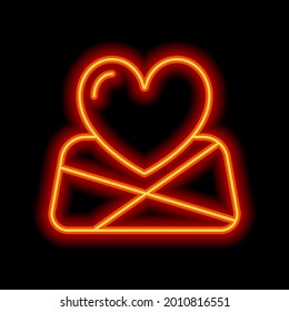 Paper map and heart, favorite addresses, loved places. Orange neon style on black background. Light linear icon with editable stroke