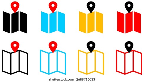 paper map icon, location pin pointer icon.