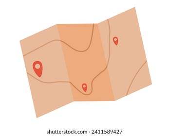 Paper Map isolated on white background. Destination Map. GPS Pointer Marker Icon. Route and locations marked with pin on paper map. Pins Vector Illustration in flat design. Folded map. Travel concept
