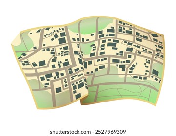 Paper map with local street gps navigate. City route navigation to marker. Geography distance plan. Vector illustration on white background