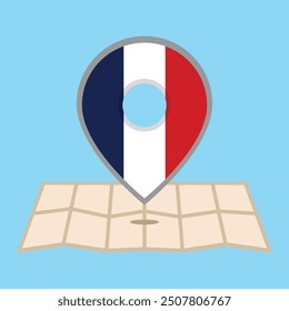 Paper map and location marker with the flag of France above it. Vector illustration, EPS10
