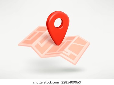 Paper map with location pointer. 3d vector illustration