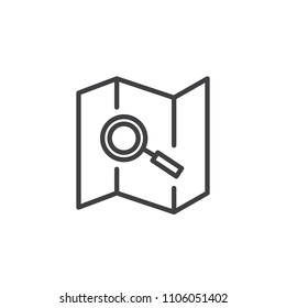 Paper Map and magnifying glass outline icon. linear style sign for mobile concept and web design. Location search simple line vector icon. Symbol, logo illustration. Pixel perfect vector graphics