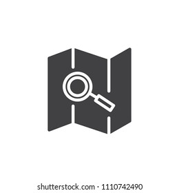 Paper Map and magnifying glass vector icon. filled flat sign for mobile concept and web design. Location search simple solid icon. Symbol, logo illustration. Pixel perfect vector graphics