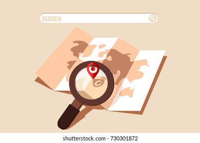 Paper map with magnifying glass. Vector illustration