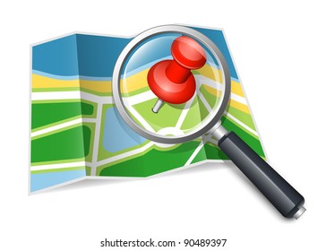 Paper map with magnifying glass. Vector illustration