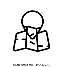 Paper map with mirror pin, location by gps, simple landmark. Black icon on white background