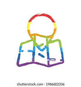 Paper map with mirror pin, location by gps, simple landmark. Drawing sign with LGBT style, seven colors of rainbow (red, orange, yellow, green, blue, indigo, violet