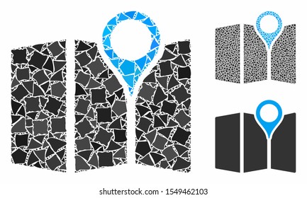Paper map mosaic of abrupt elements in various sizes and shades, based on paper map icon. Vector bumpy dots are composed into mosaic. Paper map icons collage with dotted pattern.