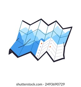 Paper map for navigation in snow mountains in winter. Symbol of cartography: location, direction by draft. Equipment for expedition, journey. Flat isolated vector illustration on white background