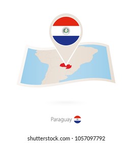 paper map of Paraguay with flag pin of Paraguay. Vector Illustration