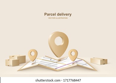 Paper map with parcel. Concept for fast delivery service. Vector illustration