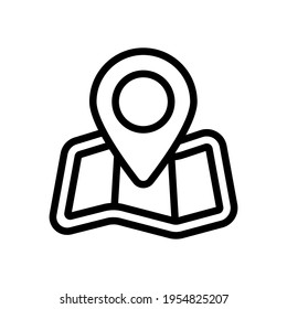 Paper map with pin, location by gps, simple landmark. Black icon on white background