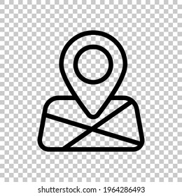 Paper map with pin, location by gps, simple landmark. Black editable linear symbol on transparent background