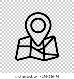Paper map with pin, location by gps, simple landmark. Black editable linear symbol on transparent background