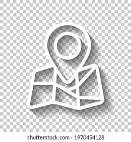 Paper map with pin, location by gps, simple landmark. White linear icon with editable stroke and shadow on transparent background