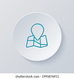 Paper map with pin, location by gps, simple landmark. Cut circle with gray and blue layers. Paper style