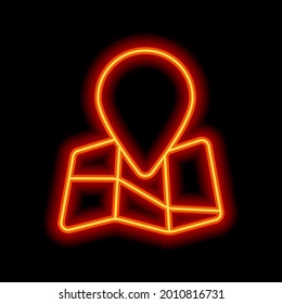 Paper map with pin, location by gps, simple landmark. Orange neon style on black background. Light linear icon with editable stroke