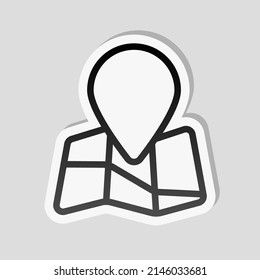 Paper map with pin, location by gps, simple landmark. Linear sticker, white border and simple shadow on gray background
