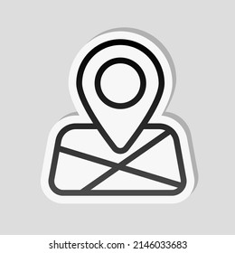 Paper map with pin, location by gps, simple landmark. Linear sticker, white border and simple shadow on gray background