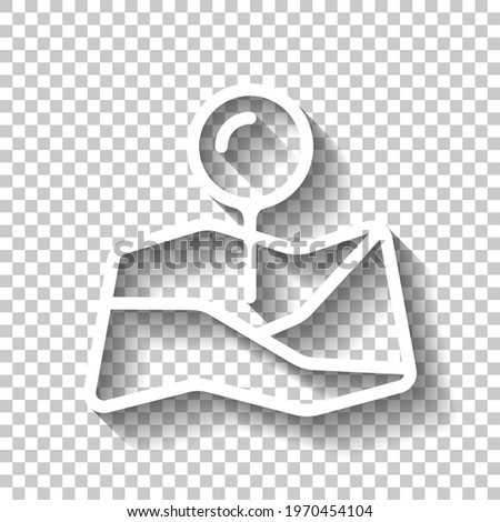 Paper map with pin, location by gps, simple landmark. White linear icon with editable stroke and shadow on transparent background