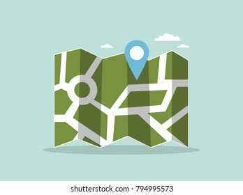 Paper map with pin on green background.