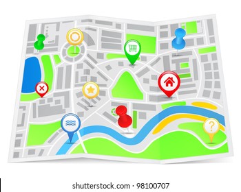 Paper map with pointers, vector eps10 illustration