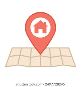 Paper map and red location pointer with house symbol on it. Vector illustration, EPS10