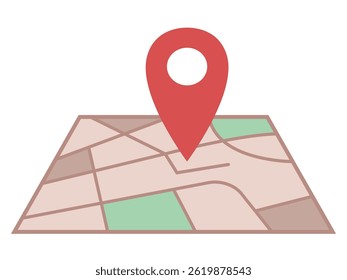 Paper map with red navigation pin icon. Isolated vector symbol. Travel and location concept drawing.