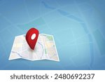 Paper Map with red pin 3D Red Locator mark on folded city map, GPS navigation and travel location concept vector design for website isolated on transparency Road map blue background.