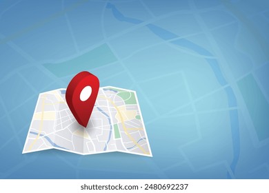 Paper Map with red pin 3D Red Locator mark on folded city map, GPS navigation and travel location concept vector design for website isolated on transparency Road map blue background.