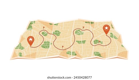 Paper map with red point. Local street gps navigate. City route navigation to marker. Geography distance plan. Vector illustration on white background