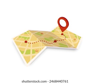 Paper map with red point. Local street gps navigate. City route navigation to marker. Geography distance plan. Vector illustration on white background