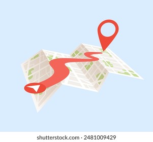 Paper map with red point. Local street gps navigate. City route navigation to marker. Geography distance plan. Vector illustration on white background