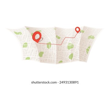 Papierkarte mit rotem Punkt. Lokale Straßen-GPS navigieren. Stadtroute Navigation zum Marker. In: Geography Distance Paket. Vektorillustration auf weißem Hintergrund