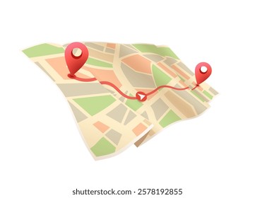 Paper map with red point. Local street gps navigate. City route navigation to marker. Geography distance plan. Vector illustration on white background