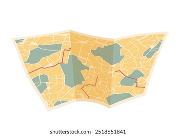 Paper map with red routes. Local street gps navigate. City route navigation to marker. Geography distance plan. Vector illustration on white background