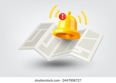Paper map with ringing bell. Vector 3d illustration 