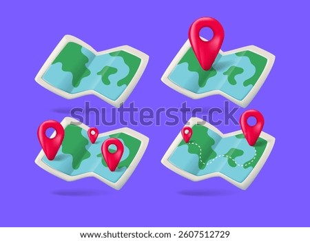 paper map set with navigation 3d modern vector icon for business, trip, vacation, traveling