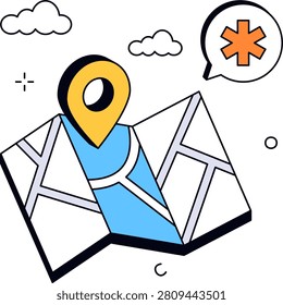 A paper map shows a navigation pin next to a medical symbol bubble. This represents finding healthcare facilities or emergency clinics.