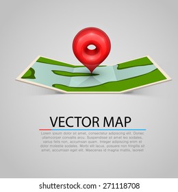 Paper map sign with red mark. Vector illustration