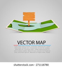 Paper map sign with wooden pointer. Vector illustration